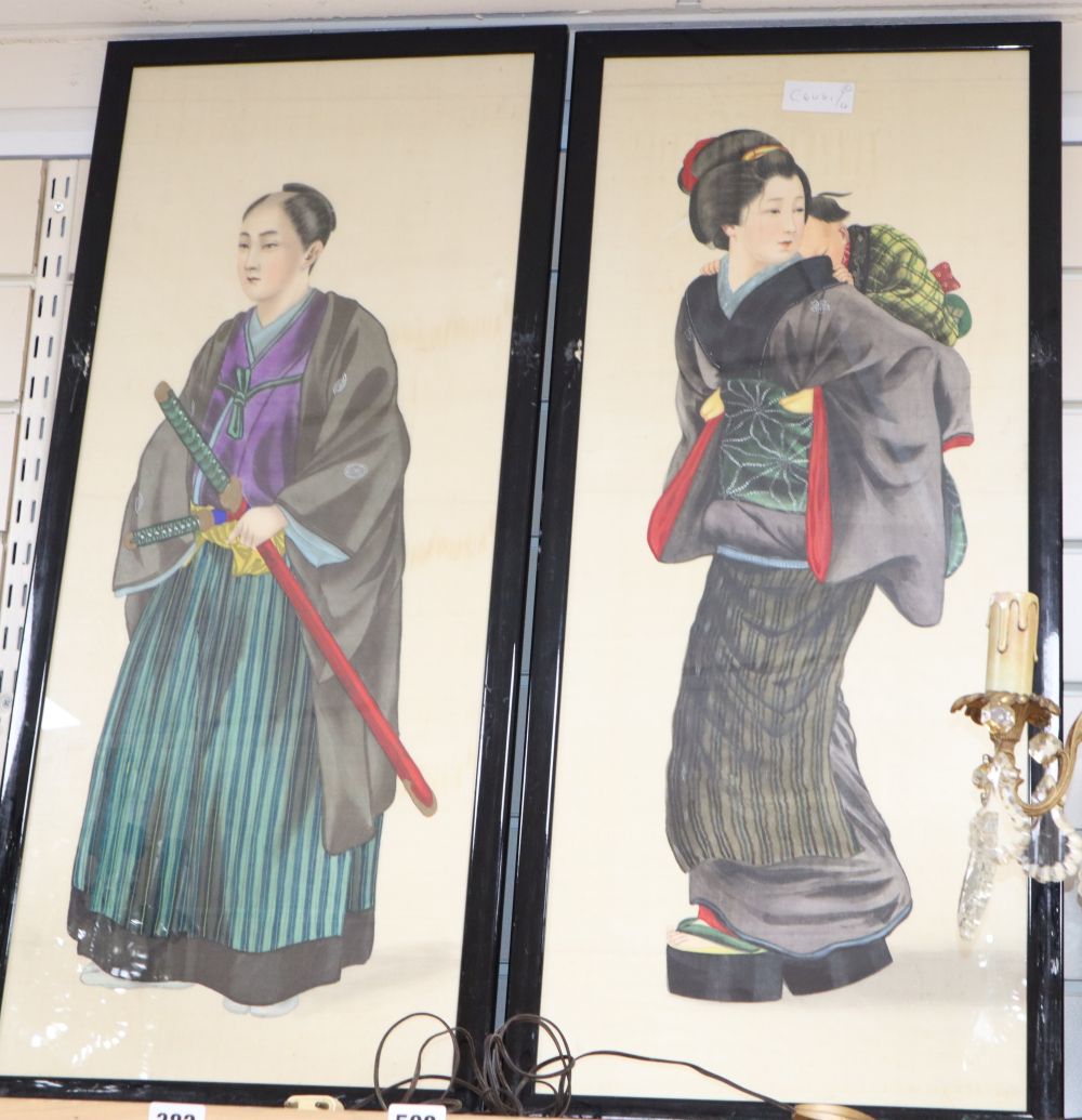 Japanese School, pair of watercolours on silk, Studies of a samurai and woman carrying a child, 76 x 31cm